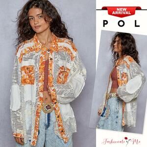 POL Floral Pattern Crochet Detail Raw Hem Button Up Oversized Shirt | Tangerine